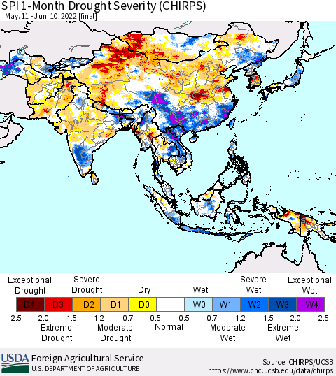Asia SPI 1-Month Drought Severity (CHIRPS) Thematic Map For 5/11/2022 - 6/10/2022