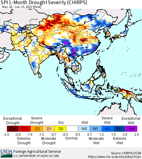 Asia SPI 1-Month Drought Severity (CHIRPS) Thematic Map For 5/16/2022 - 6/15/2022
