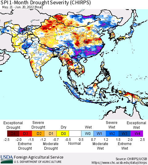 Asia SPI 1-Month Drought Severity (CHIRPS) Thematic Map For 5/21/2022 - 6/20/2022