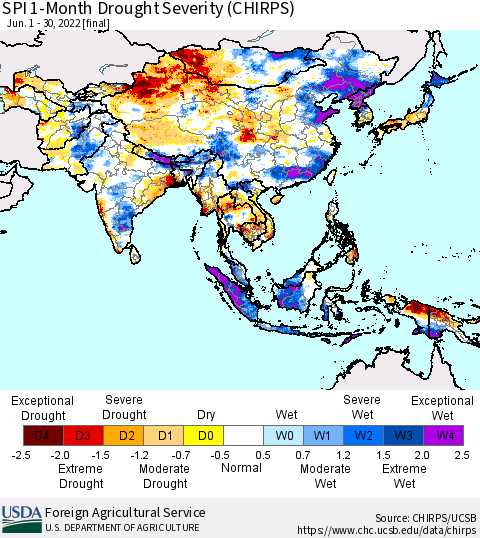 Asia SPI 1-Month Drought Severity (CHIRPS) Thematic Map For 6/1/2022 - 6/30/2022