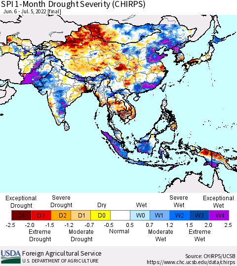 Asia SPI 1-Month Drought Severity (CHIRPS) Thematic Map For 6/6/2022 - 7/5/2022