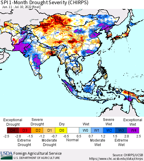 Asia SPI 1-Month Drought Severity (CHIRPS) Thematic Map For 6/11/2022 - 7/10/2022