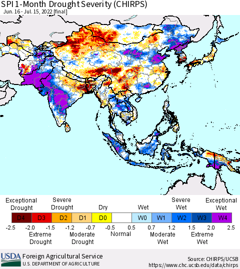 Asia SPI 1-Month Drought Severity (CHIRPS) Thematic Map For 6/16/2022 - 7/15/2022