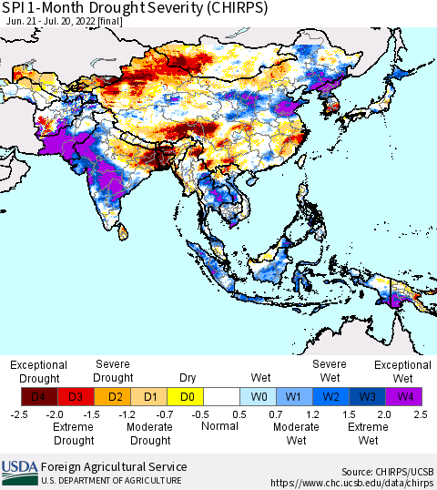 Asia SPI 1-Month Drought Severity (CHIRPS) Thematic Map For 6/21/2022 - 7/20/2022