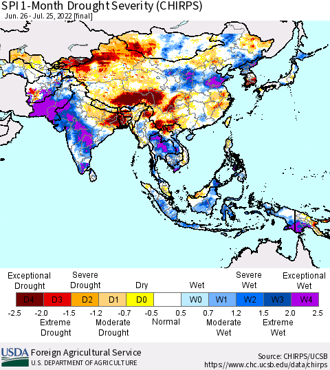 Asia SPI 1-Month Drought Severity (CHIRPS) Thematic Map For 6/26/2022 - 7/25/2022