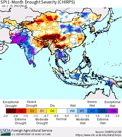 Asia SPI 1-Month Drought Severity (CHIRPS) Thematic Map For 7/1/2022 - 7/31/2022