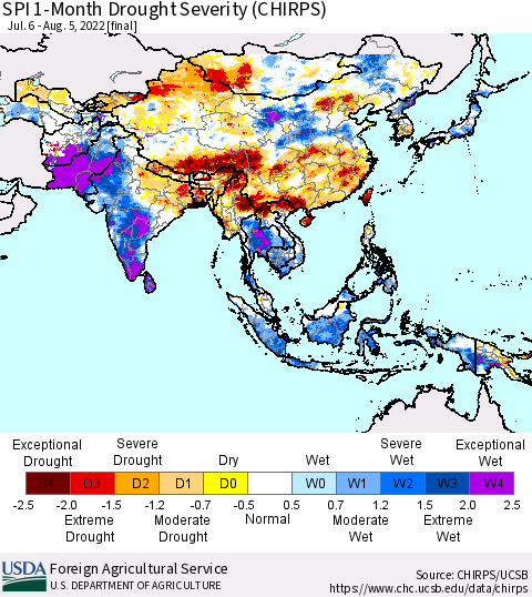 Asia SPI 1-Month Drought Severity (CHIRPS) Thematic Map For 7/6/2022 - 8/5/2022