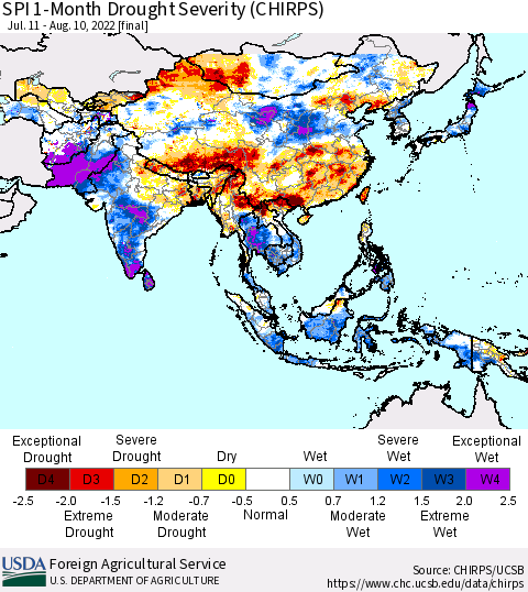 Asia SPI 1-Month Drought Severity (CHIRPS) Thematic Map For 7/11/2022 - 8/10/2022