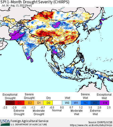 Asia SPI 1-Month Drought Severity (CHIRPS) Thematic Map For 7/16/2022 - 8/15/2022