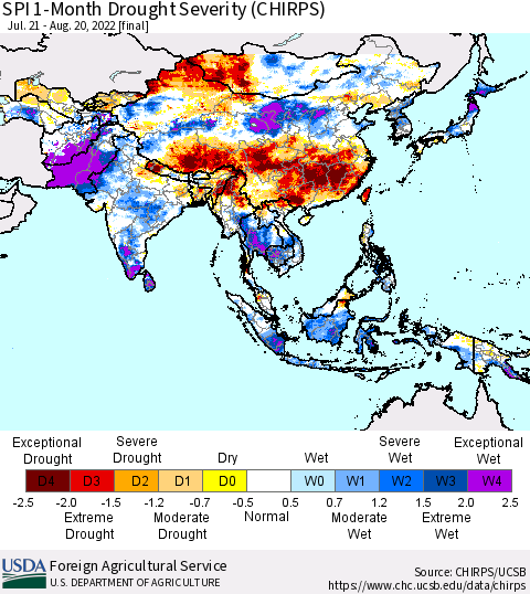 Asia SPI 1-Month Drought Severity (CHIRPS) Thematic Map For 7/21/2022 - 8/20/2022