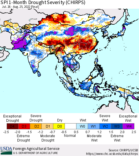 Asia SPI 1-Month Drought Severity (CHIRPS) Thematic Map For 7/26/2022 - 8/25/2022