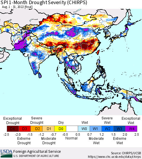 Asia SPI 1-Month Drought Severity (CHIRPS) Thematic Map For 8/1/2022 - 8/31/2022