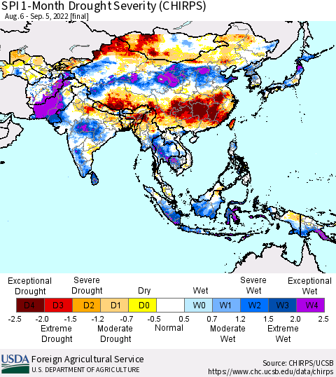 Asia SPI 1-Month Drought Severity (CHIRPS) Thematic Map For 8/6/2022 - 9/5/2022