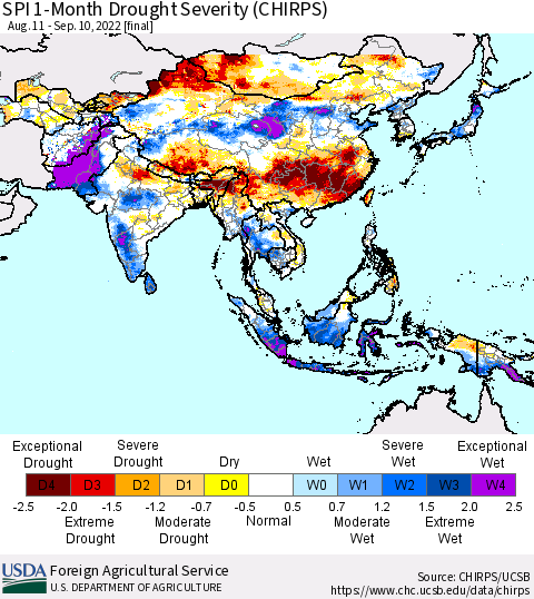 Asia SPI 1-Month Drought Severity (CHIRPS) Thematic Map For 8/11/2022 - 9/10/2022