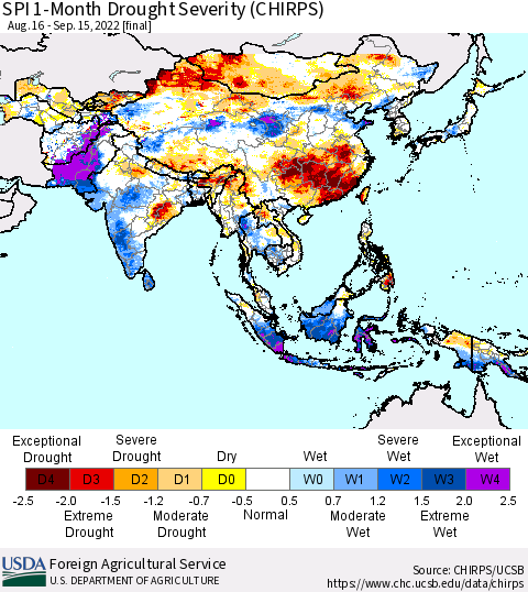 Asia SPI 1-Month Drought Severity (CHIRPS) Thematic Map For 8/16/2022 - 9/15/2022