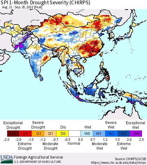 Asia SPI 1-Month Drought Severity (CHIRPS) Thematic Map For 8/21/2022 - 9/20/2022