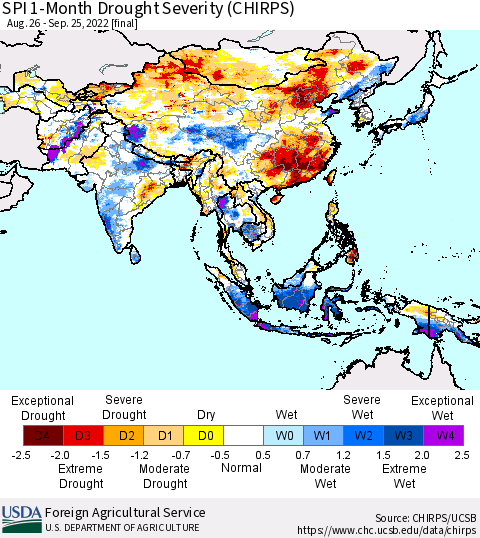 Asia SPI 1-Month Drought Severity (CHIRPS) Thematic Map For 8/26/2022 - 9/25/2022