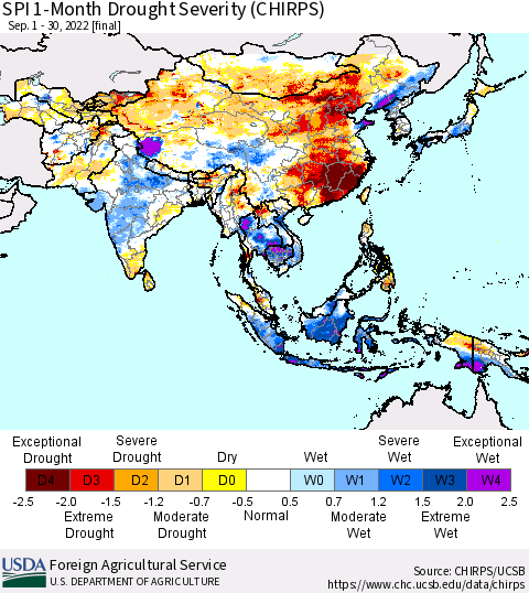 Asia SPI 1-Month Drought Severity (CHIRPS) Thematic Map For 9/1/2022 - 9/30/2022