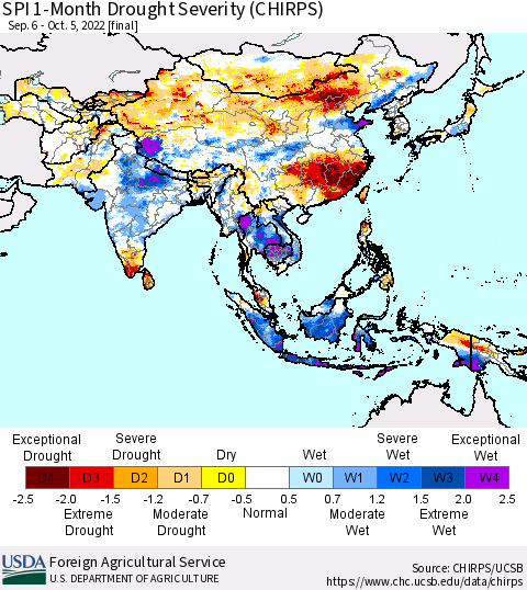 Asia SPI 1-Month Drought Severity (CHIRPS) Thematic Map For 9/6/2022 - 10/5/2022