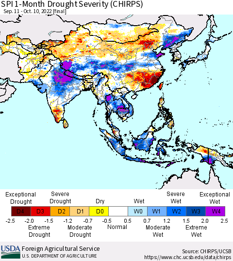Asia SPI 1-Month Drought Severity (CHIRPS) Thematic Map For 9/11/2022 - 10/10/2022