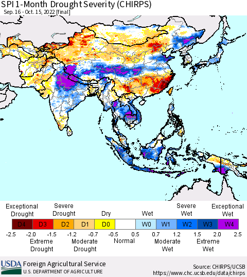Asia SPI 1-Month Drought Severity (CHIRPS) Thematic Map For 9/16/2022 - 10/15/2022