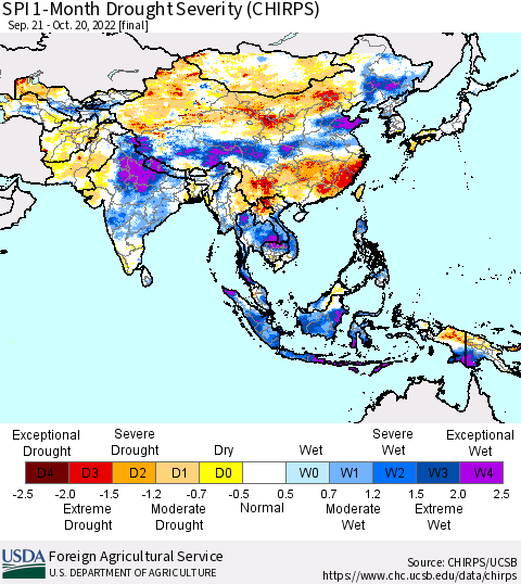 Asia SPI 1-Month Drought Severity (CHIRPS) Thematic Map For 9/21/2022 - 10/20/2022