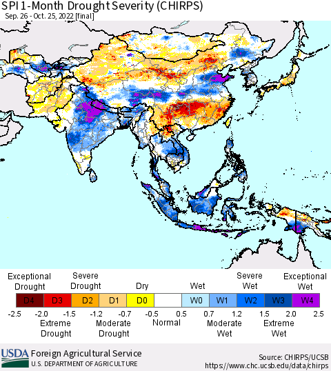 Asia SPI 1-Month Drought Severity (CHIRPS) Thematic Map For 9/26/2022 - 10/25/2022