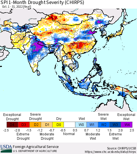 Asia SPI 1-Month Drought Severity (CHIRPS) Thematic Map For 10/1/2022 - 10/31/2022
