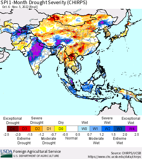 Asia SPI 1-Month Drought Severity (CHIRPS) Thematic Map For 10/6/2022 - 11/5/2022