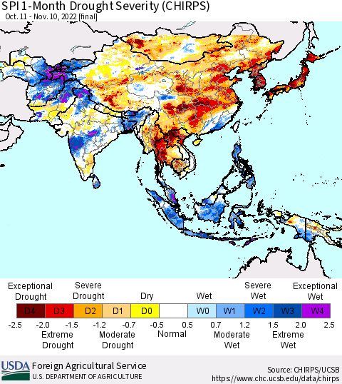 Asia SPI 1-Month Drought Severity (CHIRPS) Thematic Map For 10/11/2022 - 11/10/2022