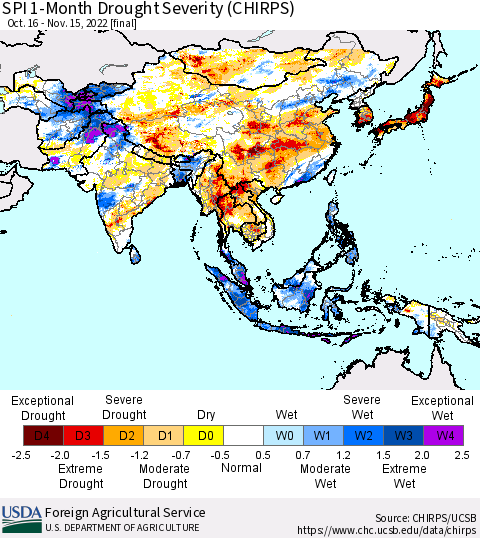 Asia SPI 1-Month Drought Severity (CHIRPS) Thematic Map For 10/16/2022 - 11/15/2022