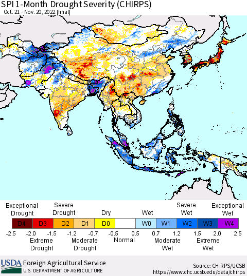Asia SPI 1-Month Drought Severity (CHIRPS) Thematic Map For 10/21/2022 - 11/20/2022