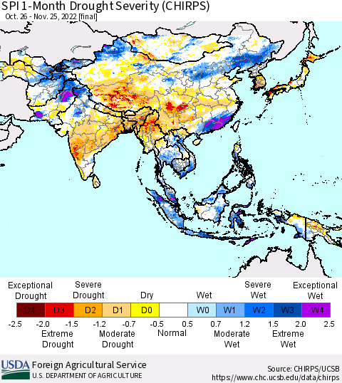 Asia SPI 1-Month Drought Severity (CHIRPS) Thematic Map For 10/26/2022 - 11/25/2022
