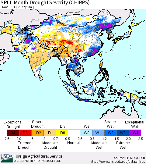 Asia SPI 1-Month Drought Severity (CHIRPS) Thematic Map For 11/1/2022 - 11/30/2022
