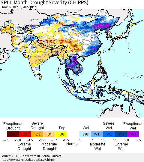 Asia SPI 1-Month Drought Severity (CHIRPS) Thematic Map For 11/6/2022 - 12/5/2022