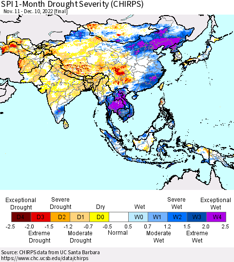 Asia SPI 1-Month Drought Severity (CHIRPS) Thematic Map For 11/11/2022 - 12/10/2022