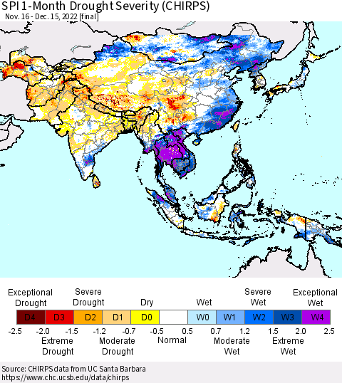 Asia SPI 1-Month Drought Severity (CHIRPS) Thematic Map For 11/16/2022 - 12/15/2022