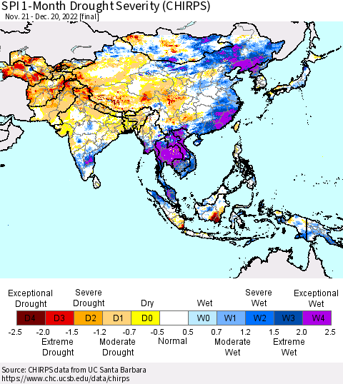 Asia SPI 1-Month Drought Severity (CHIRPS) Thematic Map For 11/21/2022 - 12/20/2022