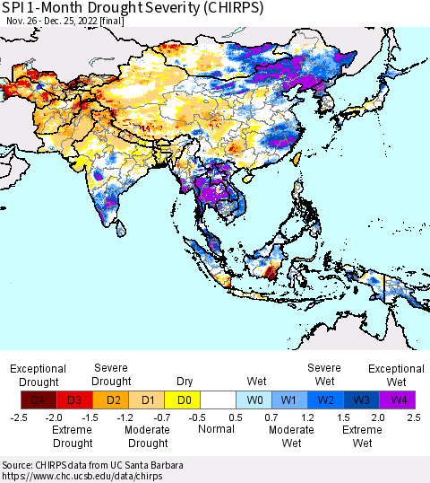 Asia SPI 1-Month Drought Severity (CHIRPS) Thematic Map For 11/26/2022 - 12/25/2022