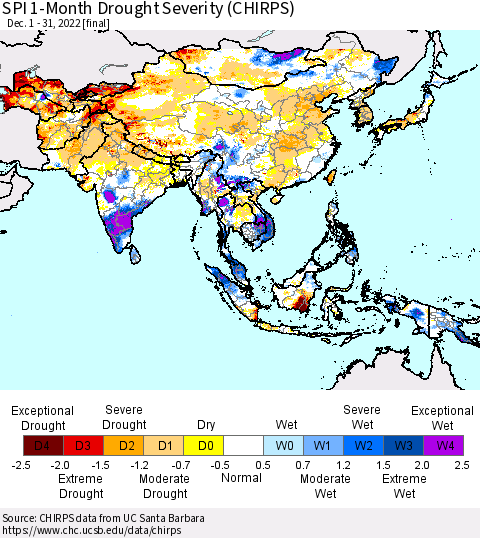 Asia SPI 1-Month Drought Severity (CHIRPS) Thematic Map For 12/1/2022 - 12/31/2022