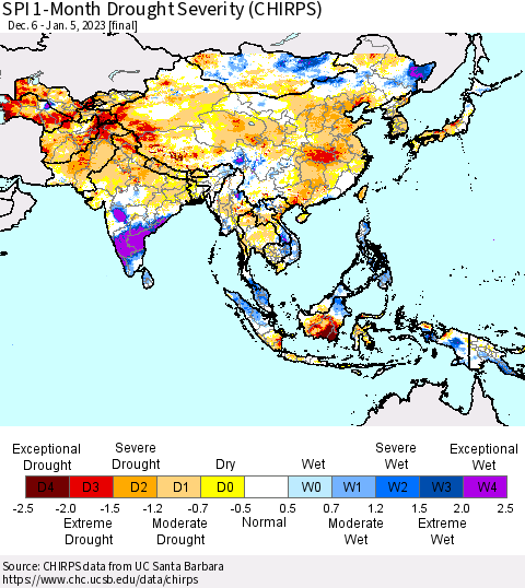 Asia SPI 1-Month Drought Severity (CHIRPS) Thematic Map For 12/6/2022 - 1/5/2023