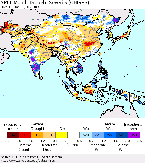 Asia SPI 1-Month Drought Severity (CHIRPS) Thematic Map For 12/11/2022 - 1/10/2023
