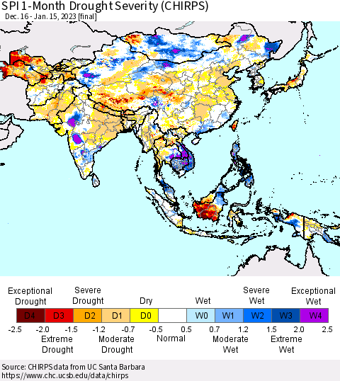 Asia SPI 1-Month Drought Severity (CHIRPS) Thematic Map For 12/16/2022 - 1/15/2023