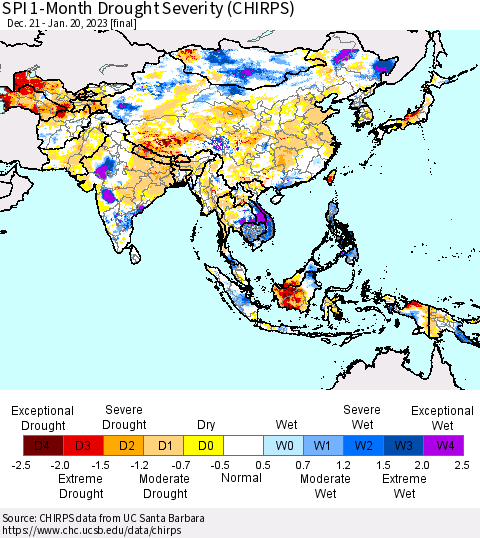 Asia SPI 1-Month Drought Severity (CHIRPS) Thematic Map For 12/21/2022 - 1/20/2023