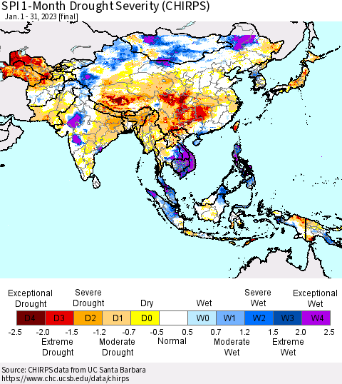 Asia SPI 1-Month Drought Severity (CHIRPS) Thematic Map For 1/1/2023 - 1/31/2023