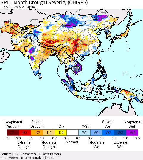 Asia SPI 1-Month Drought Severity (CHIRPS) Thematic Map For 1/6/2023 - 2/5/2023