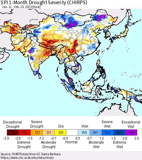 Asia SPI 1-Month Drought Severity (CHIRPS) Thematic Map For 1/11/2023 - 2/10/2023