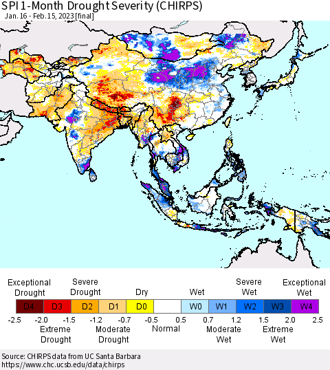 Asia SPI 1-Month Drought Severity (CHIRPS) Thematic Map For 1/16/2023 - 2/15/2023