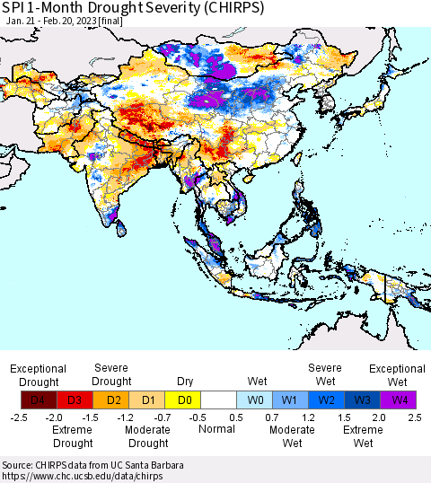 Asia SPI 1-Month Drought Severity (CHIRPS) Thematic Map For 1/21/2023 - 2/20/2023