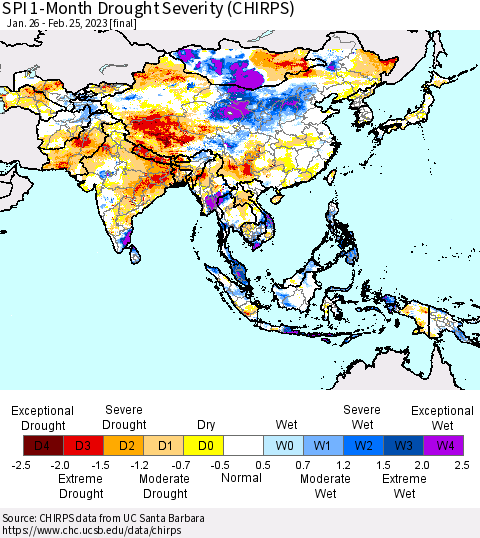 Asia SPI 1-Month Drought Severity (CHIRPS) Thematic Map For 1/26/2023 - 2/25/2023